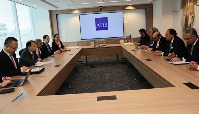 Pakistani delegation led by Minister of Finance Muhammad Aurangzeb (right) meets ADB President Masatsugu Asakawa in Washington on April 17, 2024. — X/@Financegovpk