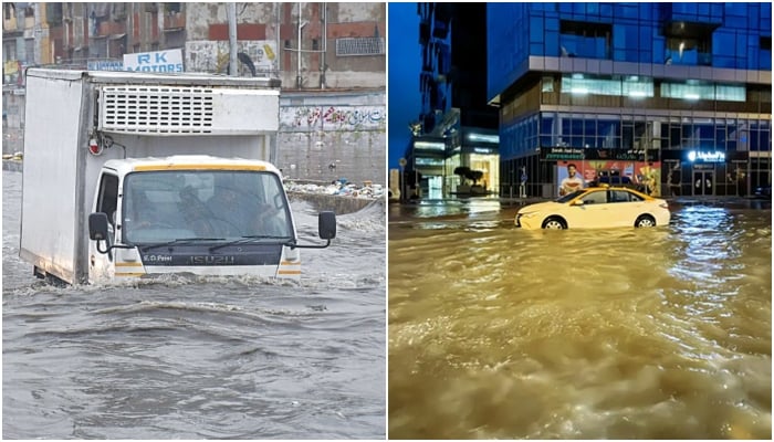 (Left) Insulated refrigerated truck partially submerges in rainwater in Karachi on July 7, 2022. A taxi drives through a flooded street following heavy rains in Dubai early on April 17, 2024. — Online