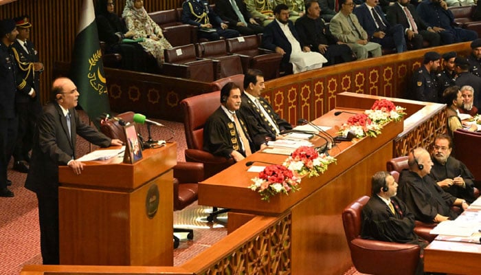 President Asif Ali Zardari is addressing the maiden joint session of parliament on April 18, 2024. — National Assembly of Pakistan