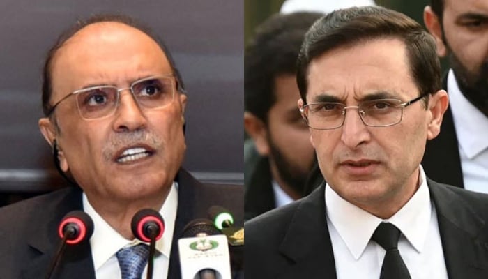 President Asif Ali Zardari (left) and PTI Chairman Barrister Gohar Ali Khan. — PID/AFP/File