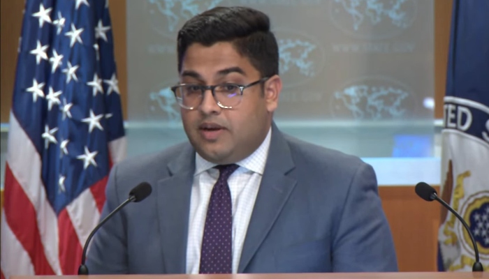 State Department Principal Deputy Spokesperson Vedant Patel addresses a presser in Washington on April 18, 2024, in this still taken from a video. — State Department/YouTube