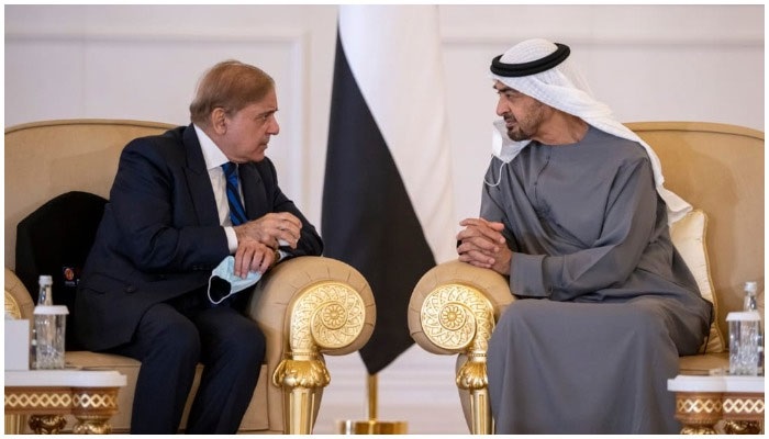 PM Shehbaz Sharif in meeting with UAE President Sheikh Mohamed Bin Zayed Al Nahyan. — PMO/File