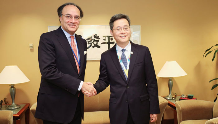 Finance Minister Muhammad Aurangzeb with his Chinese counterpart Lan Foan during their meeting in Washington on April 19, 2024. — X/@Financegovpk