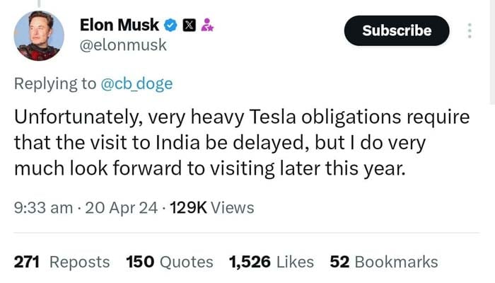 Musk announces on X, his postponement of trip to India. — Screengrab from X/@elonmusk