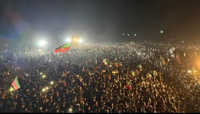Pakistan Tehreek-e-Insaf and Sunni Ittehad Council (SIC) supporters attend the public gathering in Kasur in this picture released on April 19, 2024. —X/ @PTIofficial