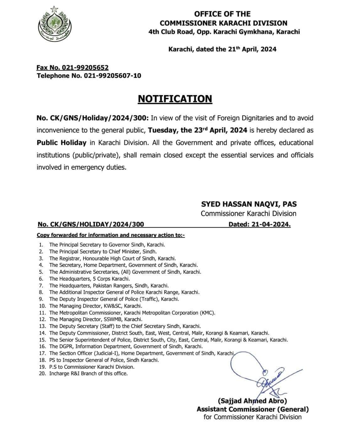 Public holiday announced in Karachi on April 23