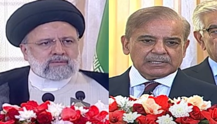 Iranian President Seyyed Ebrahim Raisi (left) and PM Shehbaz Sharif address a joint press conference after their meeting at the Prime Ministers Office in Islamabad on April 22, 2024. — Screengrab/YouTube/Hum News Live