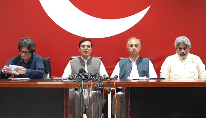 (From left to right) PTI spokesperson Raoof Hasan, chairman Gohar Ali Khan, secretary general Omar Ayub Khan, and SIC Chairman Sahibzada Hamid Raza address a press conference in Islamabad on April 22, 2024 in this still taken from a video. — Facebook/@PTIOfficial