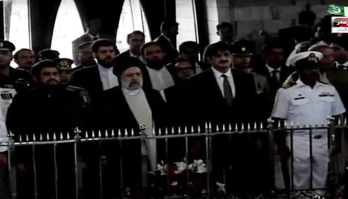 Iranian President Seyyed Ebrahim Raisi visits Quaid-e-Azam Mohammad Ali Jinnahs mausoleum. — PTV/ Screengrab
