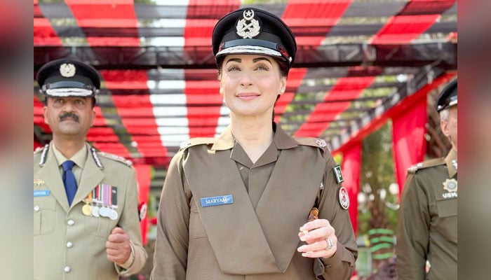 AjeaPunjab Chief Minister Maryam Nawaz is seen wearing the Punjab Police uniform during the passing out parade of female police officers in Lahore on April 26, 2024. — X/@pmln_org