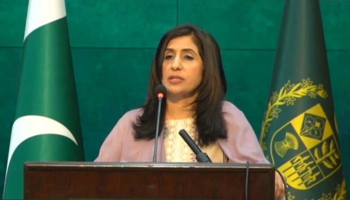 Foreign Office Spokesperson Mumtaz Zahra Baloch is addressing her weekly press briefing in Islamabad on April 26, 2024. —Screengrab/ X/@ForeignOfficePk