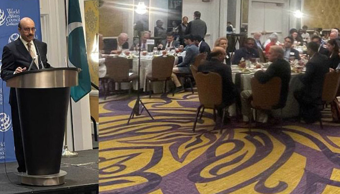 Pakistans Ambassador to the United States Masood Khan addresses the gathering during Ambassador Circle Series in North Carolina, United States. — Radio Pakistan/File
