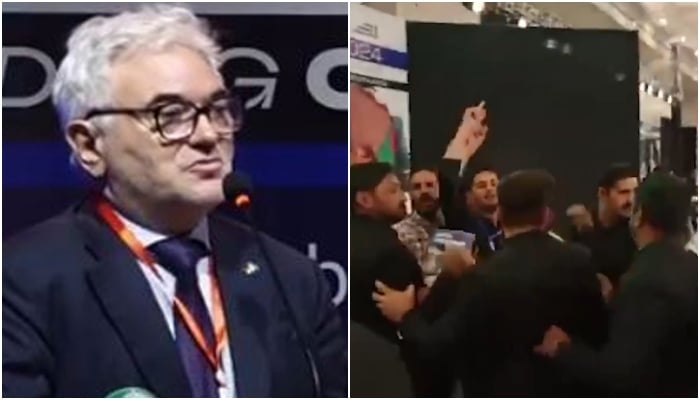 German envoy Alfred Grannas (left) responds to pro-Palestinian activists’ sloganeering, while in other still protesters raising pro-Palestine slogans at Asma Jahangir Conference 2024, Lahore, April 27, 2024. — X/@ZarrarKhuhro/@ArafatMazhar