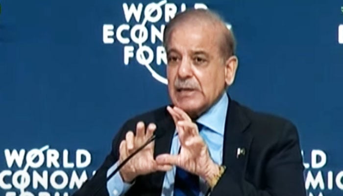 Prime Minister Shehbaz Sharif addressing a session during the World Economic Forums (WEF) special meeting in Riyadh, Saudi Arabia on April 28, 2024. — YouTube screengrab/Geo News Live