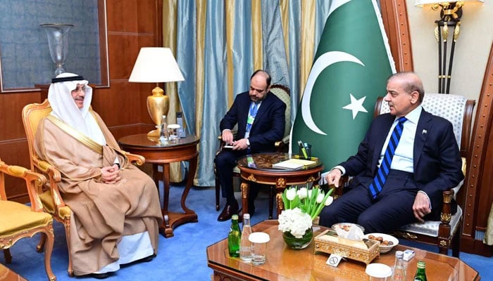 PM Shehbaz Sharif (right) meets IDB President Muhammad Sulaiman Al Jasser in Riyadh on April 28, 2024. — X/@PTVNewsOfficial