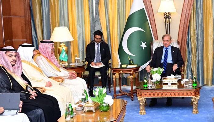 Saudi ministers seen in a meeting with PM Shehbaz Sharif on the sidelines of a Special Meeting of the World Economic Forum on April 28, 2024. — PID