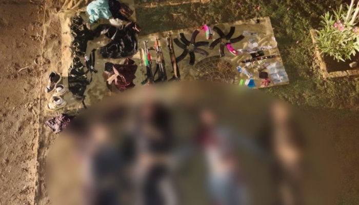 The image released by the ISPR shows blurred bodies of the terrorists and weapons recovered from them on April 29, 2024. —ISPR
