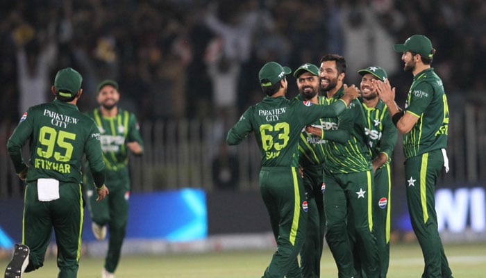 Pakistan team players celebrate during a T20I match against New Zealand in this image released on April 20, 2024. — X/@TheRealPCB