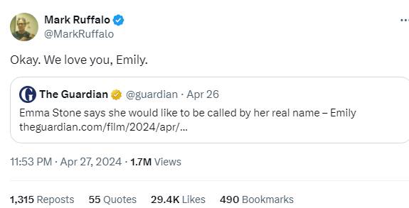 Mark Ruffalo responds to Emma Stones real name request