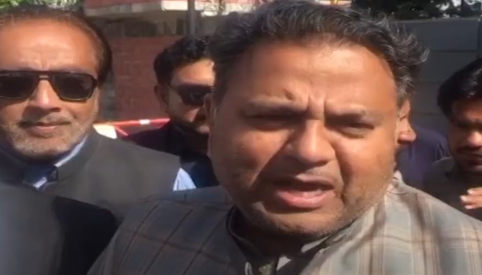 Former federal minister Fawad Chaudhry is talking to media in the premises of an anti-terrorism court in Rawalpindi on April 30, 2024, in this still taken from a video. —Geo News