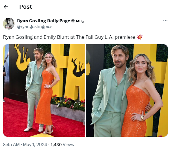 Ryan Gosling, Emily Blunt steal spotlight at The Fall Guy premiere