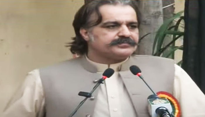 Khyber Pakhtunkhwa Chief Minister Ali Amin Khan Gandapur addresses an even on May 2, 2024, in this still taken from a video. — YouTube/Geo News/Screengrab