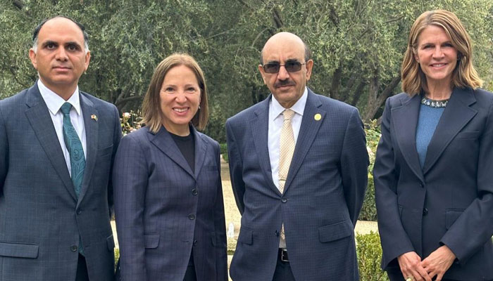 California Governor Eleni Kounalakis (second left) pictured alongside Pakistans Ambassador to the US Masood Khan (third left) on May 2, 2024. — X/@Masood__Khan
