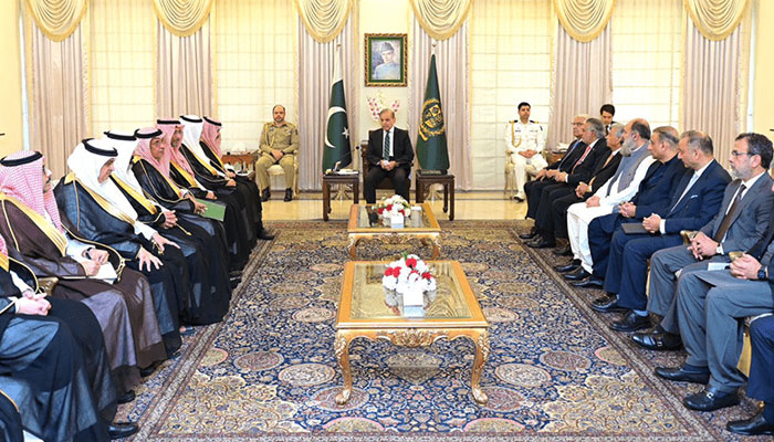 Saudi Foreign Minister Prince Faisal bin Farhan Al Saud-led delegation calls of Prime Minister Shehbaz Sharif in Islamabad on April 16, 2024. — PID