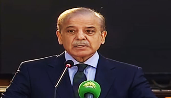 Prime Minister Shehbaz Sharif addresses a ceremony to award shields to the honest and hardworking officers of the Federal Board of Revenue (FBR) in this still taken from a video on May 4, 2024. — YouTube/Geo News