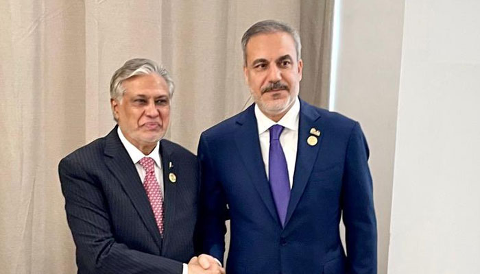 Deputy PM and FM Ishaq Dar meets his Turkish counterpart Hakan Fidan on the sidelines of the 15th OIC Islamic Summit Conference in Banjul, Gambia on May 5, 2024. — X/@ForeignOfficePk