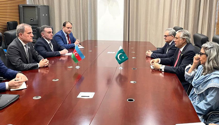 Deputy PM and FM Ishaq Dar meets his Azeri counterpart Jeyhun Bayramov on the sidelines of the 15th OIC Islamic Summit Conference in Banjul, Gambia on May 4, 2024. — X/@ForeignOfficePk