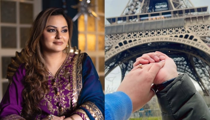 A collage of Javeria Abbasis picture and photo from her marriage proposal under the Eiffel Tower in Paris. — Instagram/juvariaabbasi