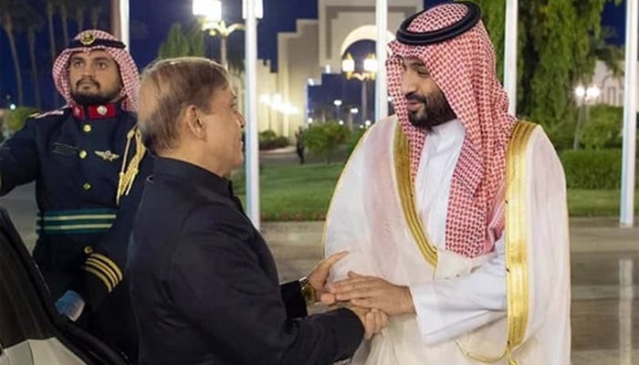 Prime Minister Shehbaz Sharif (left) is greeted by Saudi Crown Prince Mohammed Bin Salman in Jeddah, Saudi Arabia on April 30, 2022. — SPA
