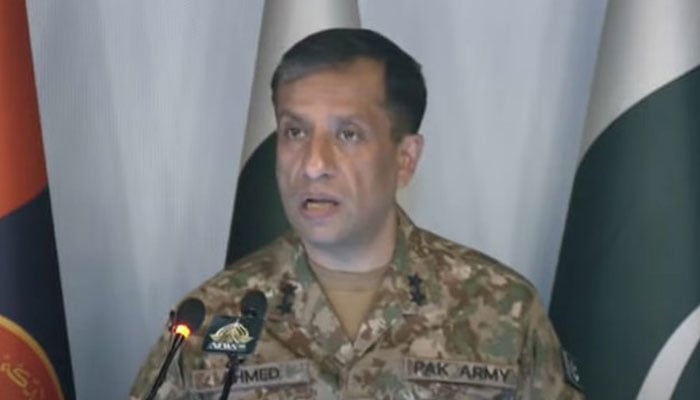 DG ISPR Major General Ahmed Sharif Chaudhry addresses a press conference in Rawalpindi on May 7, 2024. — Screengrab/Geo News
