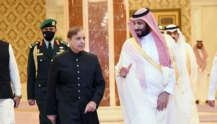Prime Minister Shehbaz Sharif with Saudi Crown Prince Muhammad bin Salman during visit to Saudi Arabia. — PM Office/File