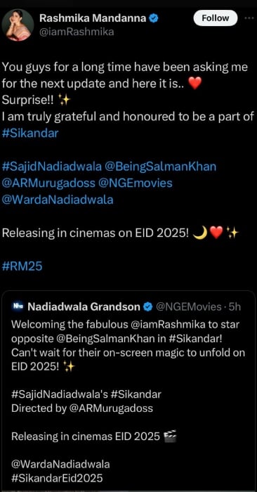 Rashmika Mandanna feels grateful on joining Salman Khans Sikandar