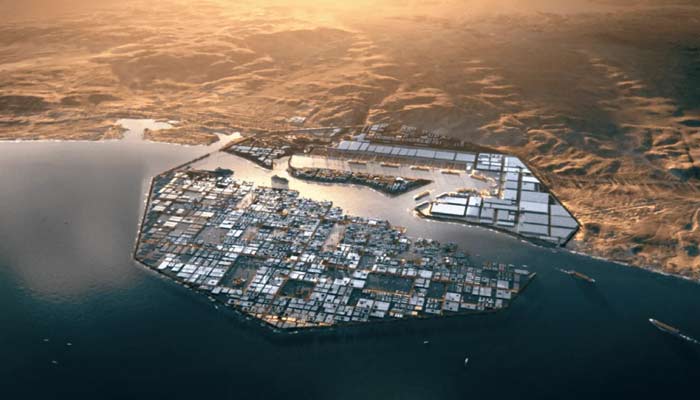 Neom: Oxagon floating city building on Red Sea. —Neom