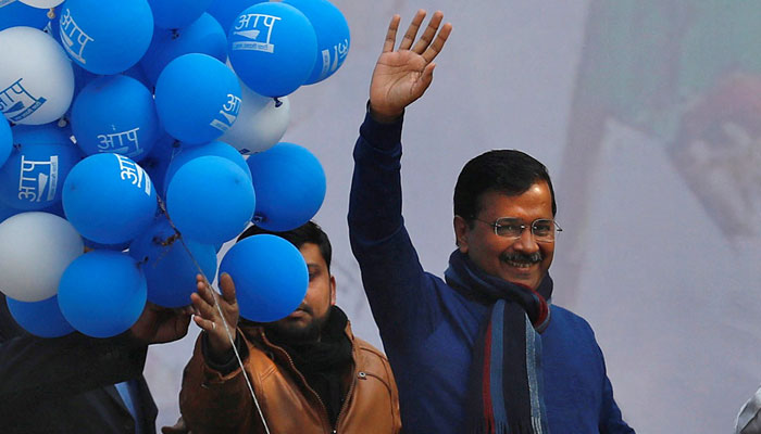Delhi Chief Minister and leader of Aam Aadmi Party (AAP) Arvind Kejriwal waves to his supporters during celebrations at the party headquarters in New Delhi, India, February 11, 2020. — Reuters