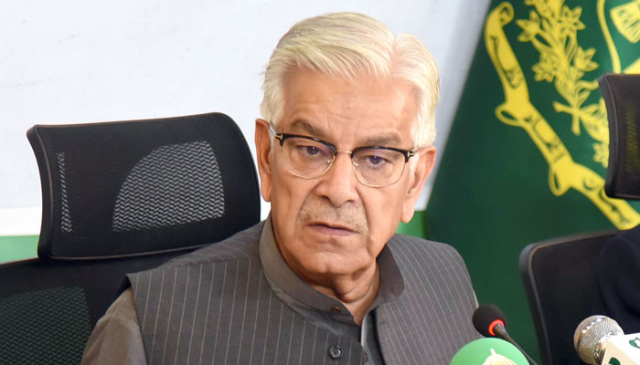 Defence Minister Khawaja Asif addresses a press conference in Islamabad on May 9, 2024. — Online