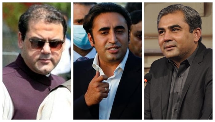 (Left to right) Ex-PM Nawaz Sharif’s son Hussain Nawaz, PPP Chairman Bilawal Bhutto-Zardari and Interior Minister Mohsin Naqvi. — Reuters/X/File