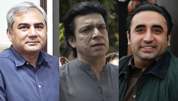 PPP chief Bilawal (left), Senator Faisal Vawda and Interior Minister Mohsin Naqvi. — PPI/Online/AFP/File