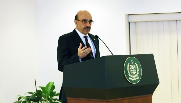 Pakistani Ambassador to US Masood Khan is addressing an event in Washington on May 14, 2024. —X/@Masood__Khan