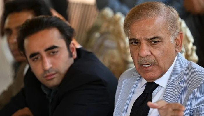 PM Shehbaz Sharif speaks as PPP Chairman Bilawal Bhutto-Zardari looks on in this undated image. — AFP/File