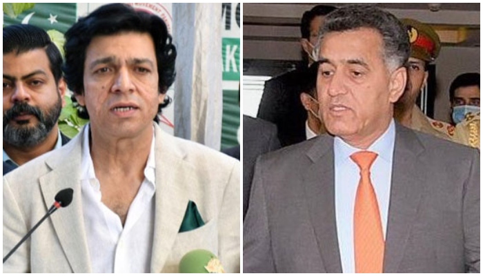 Former Inter-Services Intelligence (ISI) chief Lieutenant General (retd) Faiz Hamid (right) and Senator Faisal Vawda. — X/@OSPSF/@UmairIslamMemon/File