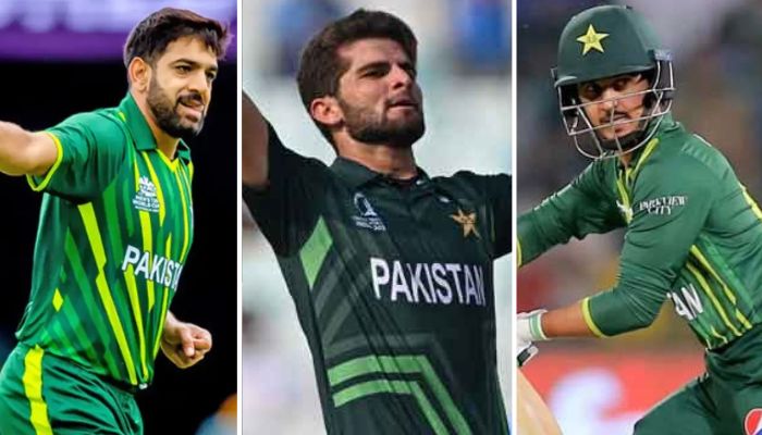 The combined image shows Haris Rauf, Shaheen Shah Afridi and Saim Ayub. — Reuters/AFP/File