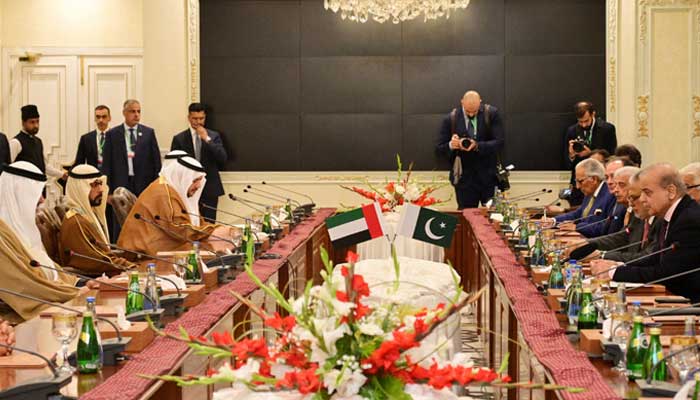 Prime Minister Shehbaz Sharif and Abu Dhabi Crown Prince Sheikh Khaled bin Mohamed bin Zayed Al Nahyan hold delegation-level talks in Islamabad on February 27, 2025. — PID