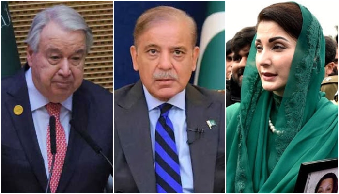 (From left to right) United Nations Secretary-General Antonio Guterres, Prime Minister Shehbaz Sharif and Punjab Chief Minister Maryam Nawaz. — APP/Reuters