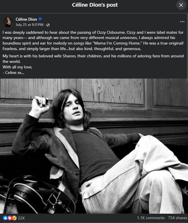 Celine Dion remembers late labelmate Ozzy Osbourne: Larger than life