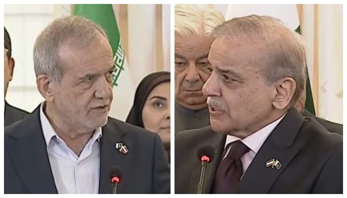 Iranian President Masoud Pezeshkian (left) and PM Shehbaz Sharif address a joint presser in Islamabad on August 3, 2025. — Screengrab via Geo News