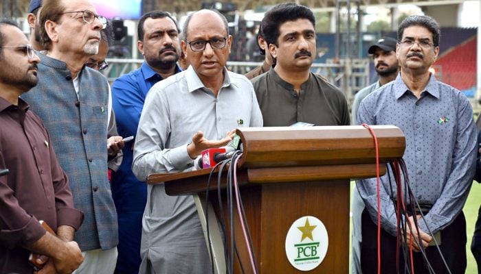 Provincial Ministers Saeed Ghani and Syed Zulfiqar Ali Shah, along with Arts Council Karachi President Ahmed Shah, are reviewing preparations for a mega musical concert at National Bank Stadium Karachi. — APP